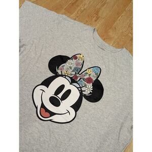 Disney Minnie Mouse Floral Embroidered Grey T Shirt Size XL